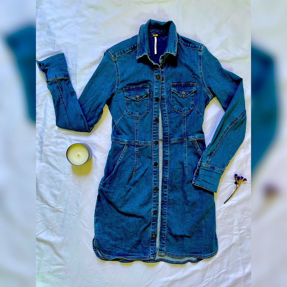 Free People Dinomyte In Denim Long- Sleeve Mini Dress